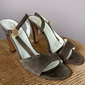 1970s Garolini Suede Dress Sandals - 70s Brown Suede High Heel Slingbacks